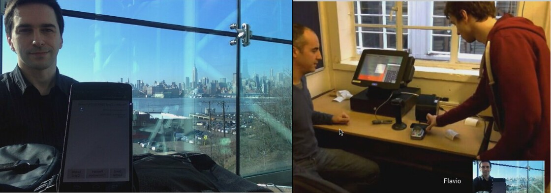 Split screen from the relay demonstration: on the left Tom Chothia in New York holds a phone running the relay software, with the Manhattan skyline behind him; on the right two colleagues in Birmingham stand at a shop payment terminal, one presenting a device to the card reader.